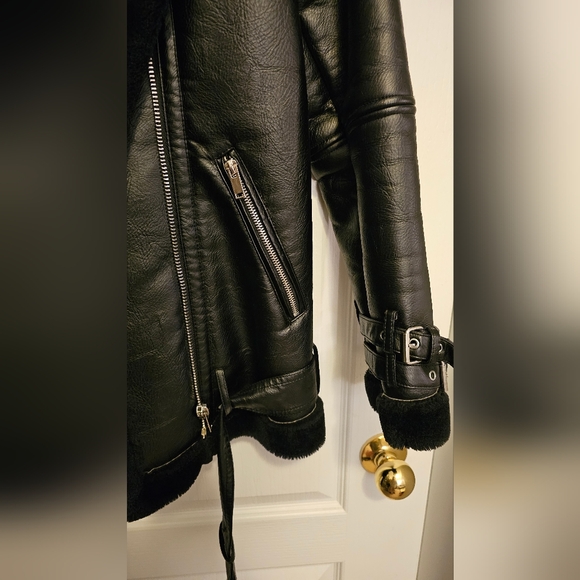 ONLY Black Faux Leather Jacket with Fur Collar - Picture 2 of 5